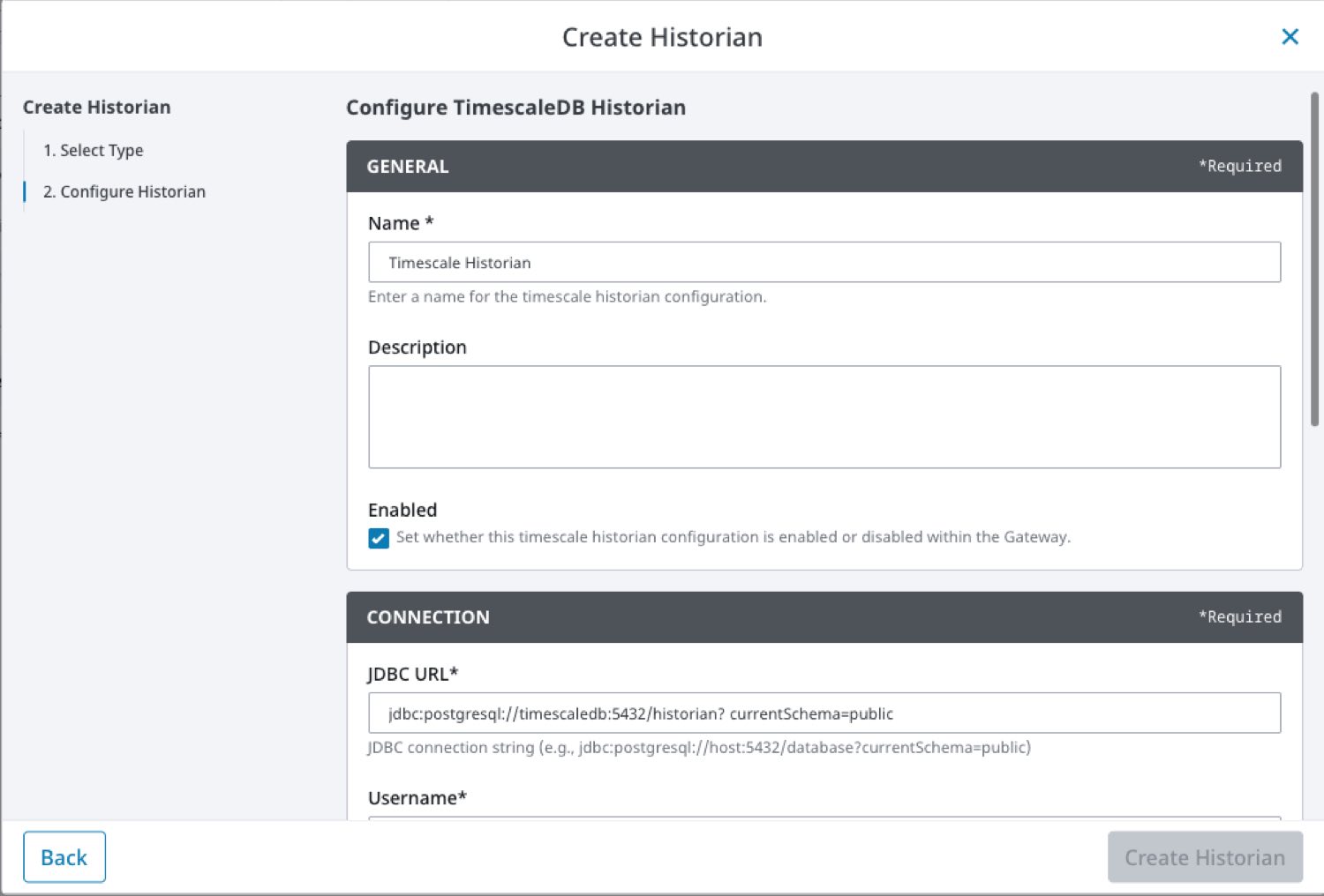 TimescaleDB historian settings